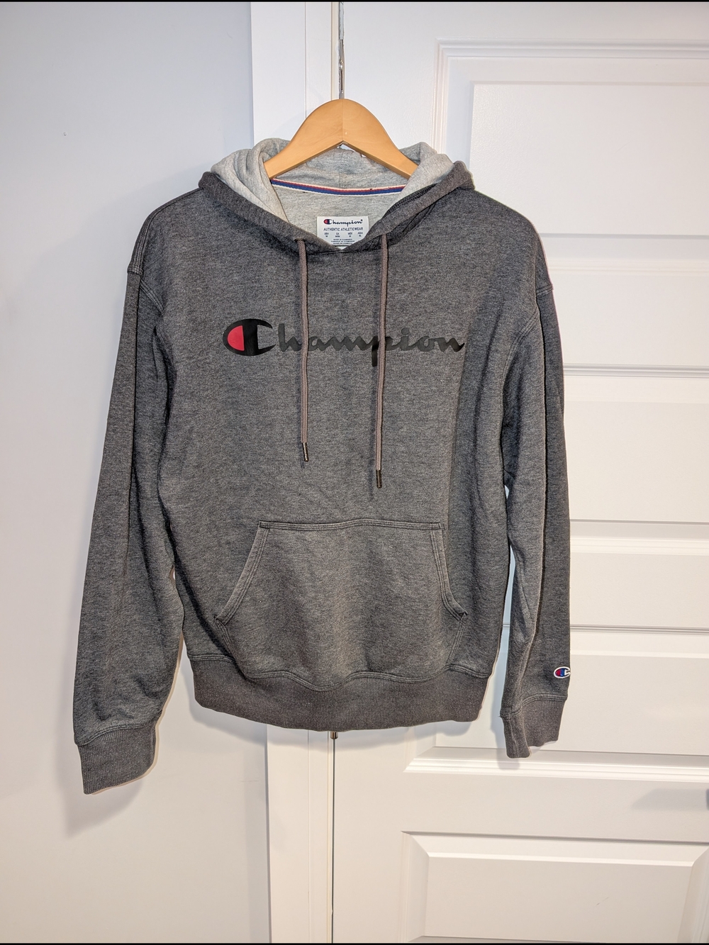 Champion Gray Hoodie with Black & Red Logo